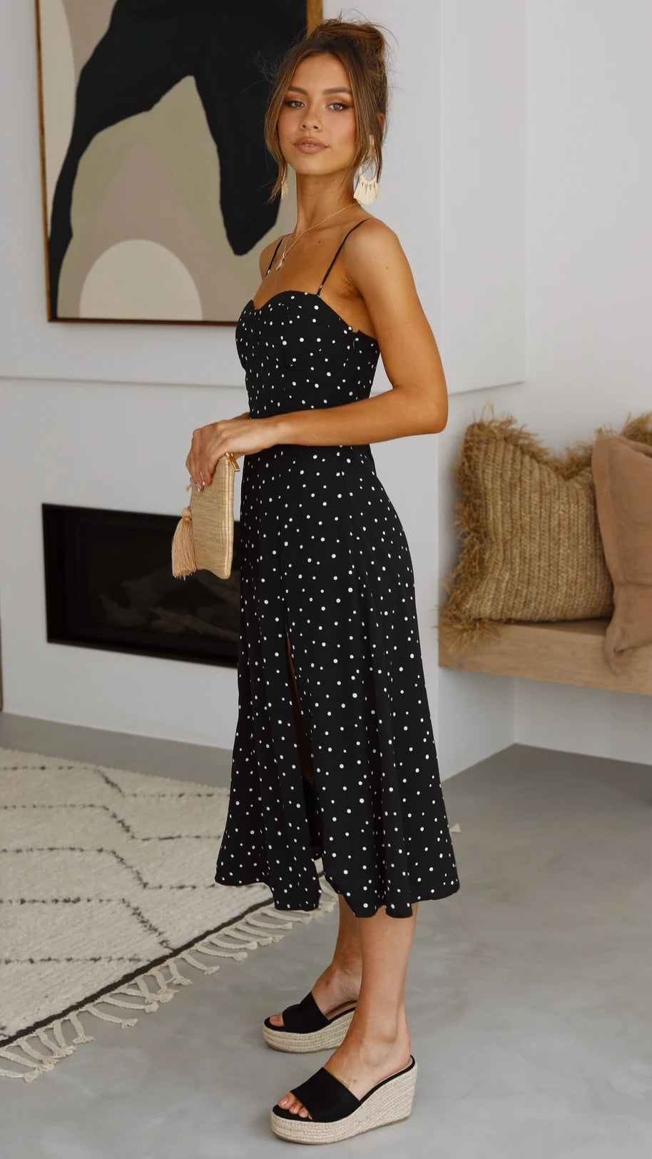 Women's Polka Dot Spaghetti Strap Split Leg Midi Dress