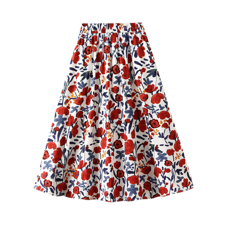 Women's Retro Print Skirt Cotton Layered High Elastic Waist Pleated Flare A-Line Midi Length