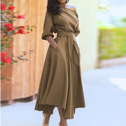 Women's Solid Colour Dress Off-Shoulder Medium Puff Sleeve Fitted Waistband with Pockets Flared Long Midi Elegant Fashion