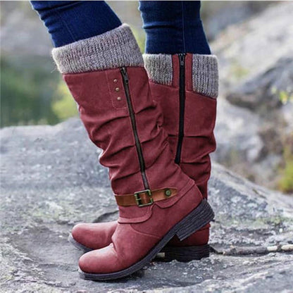 Women's Knee Length Snow Boots Wool Trim Thick Low Heel Zip Side Footwear