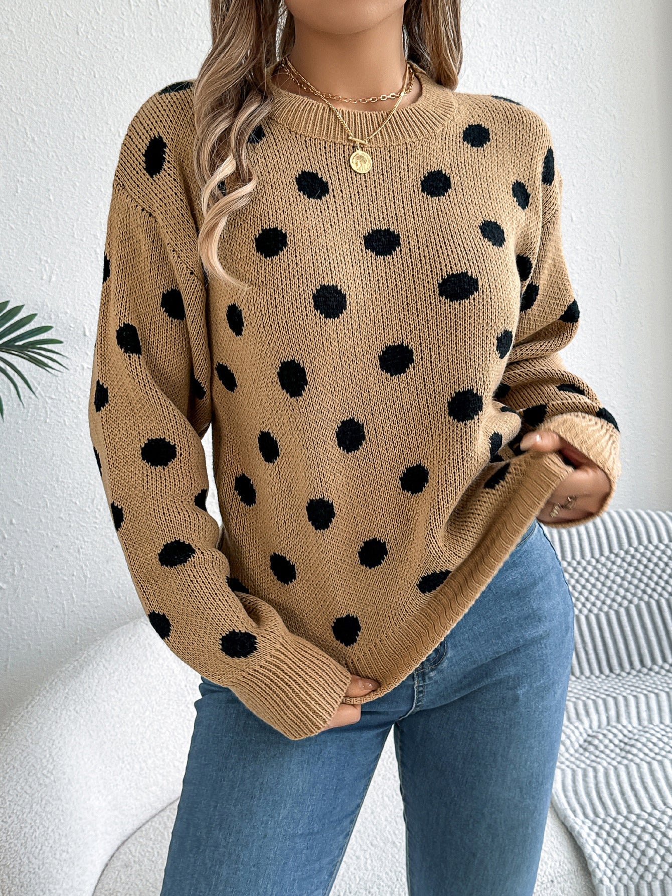 Women's Knitted Contrast Colour Polka Dot Jumper Long Sleeve Round Neck Sweater