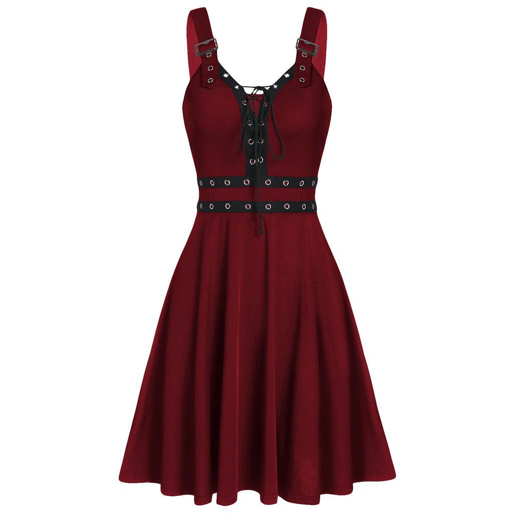 Women's Gothic Punk Panelled Lace-Up Detailed Skater Dress