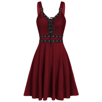 Women's Gothic Punk Panelled Lace-Up Detailed Skater Dress