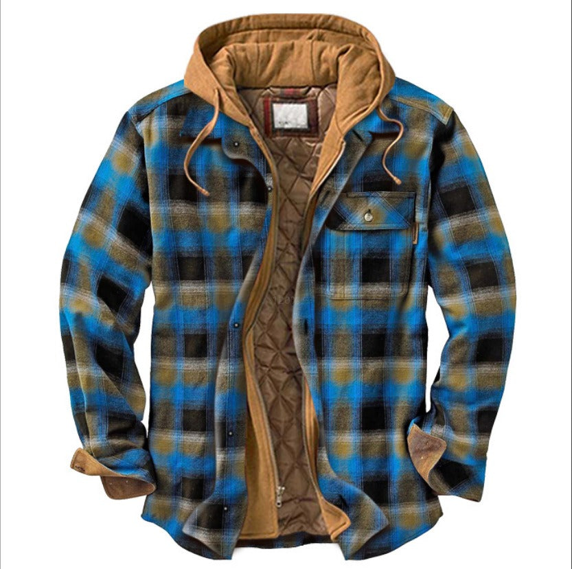 Men's Check Striped Plaid Lined Hooded Jacket Long Sleeve Button Front Shirt