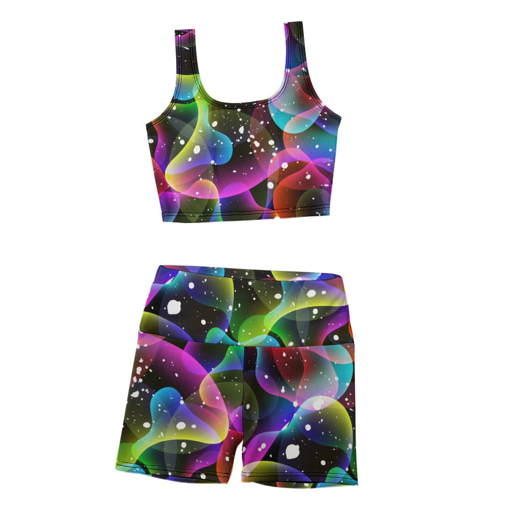 Women's 2Pc Vest Top and Shorts Outfit Set Paint Splash Multicolour Raves Festival Yoga Clubbing Exercise