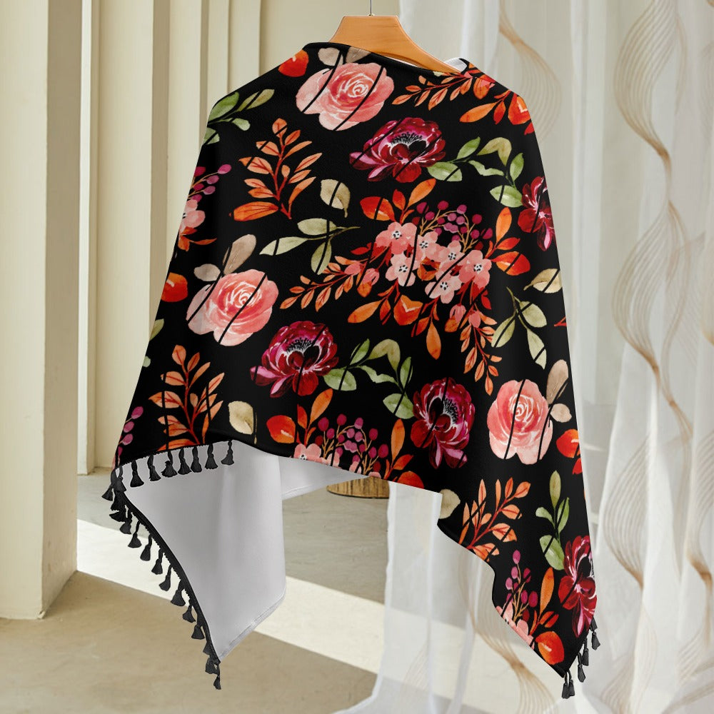 Women's Black Floral All-Over Print Shawl Poncho Fringed Edge Cape