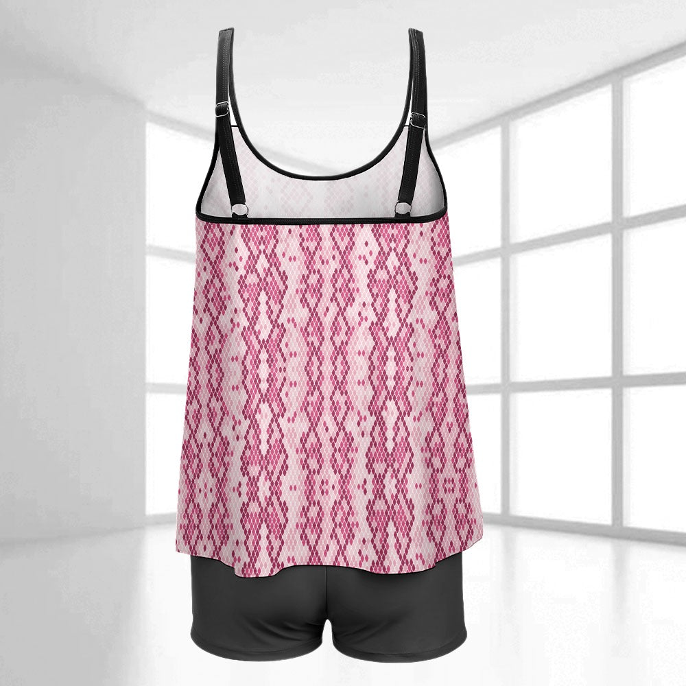 Women's Plus Size Snakeskin Print Split Strap Long Top And Shorts Swimsuit Swimwear Beachwear Bikini Set Pink