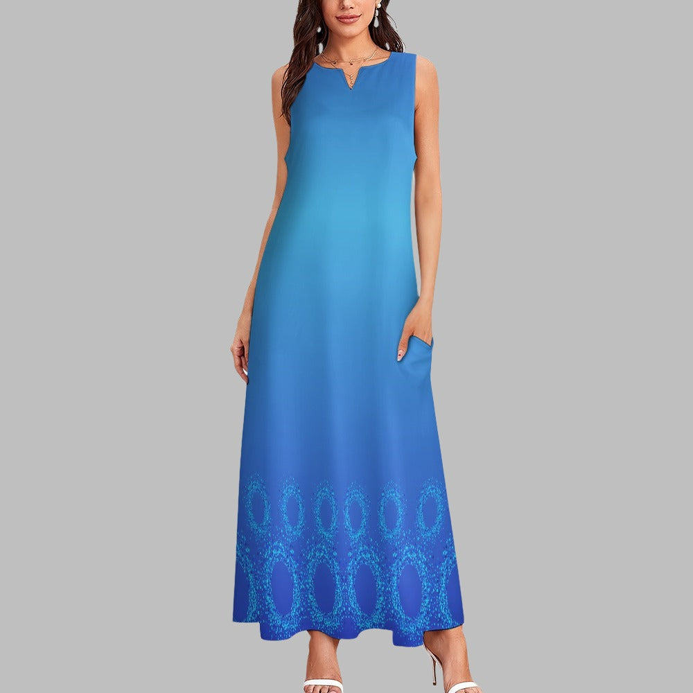 Women's Marine Blue Circle Print Sleeveless Pockets Long Length Maxi Dress Comfortable Casual Elegant Fashion