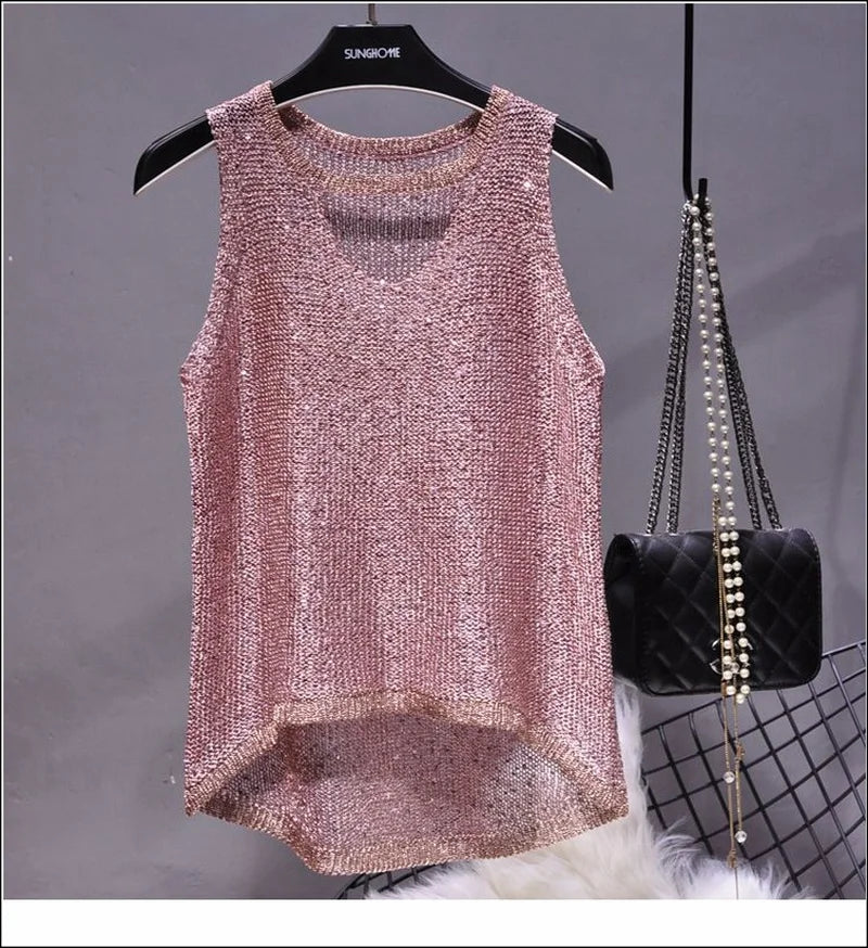 Women's Glitter Knitted Vest Top V-Neck Sleeveless Scalloped Front Hem