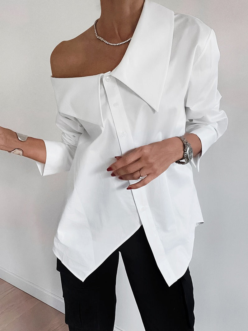 Women's White Off Shoulder Irregular Collar Loose Shirt