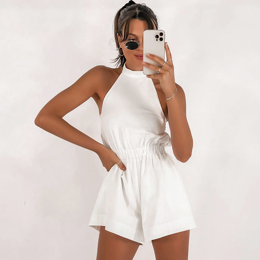 Women's Cotton Fitted Playsuit Halter Neck Open Back Sleeveless Shorts