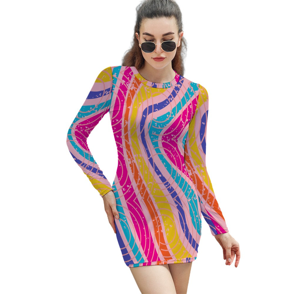 Women's Abstract Stripe Circle All Over Print Short Mini Bodycon Long Sleeve Skinny Fashion Summer Dress - 4 colours available