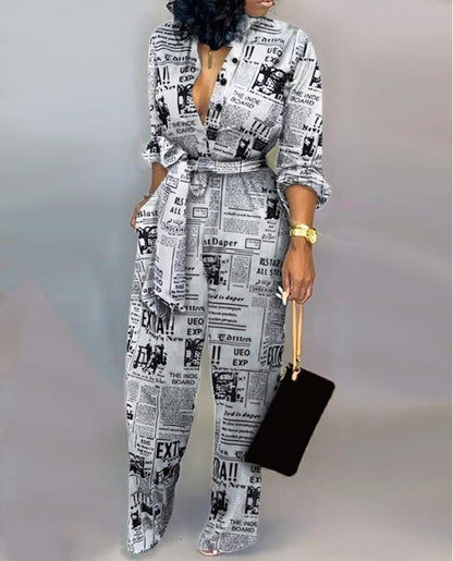 Women's Pattern Print Jumpsuit Long Sleeve Button Front Tie Belt Waist Wide Leg Outfit