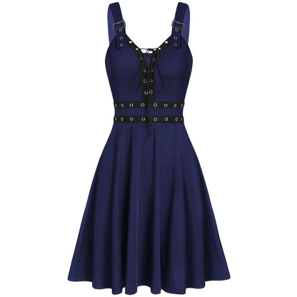 Women's Gothic Punk Panelled Lace-Up Detailed Skater Dress