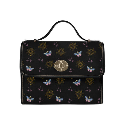 Women's Butterfly Sun Print Black Handbag With Shoulder Strap