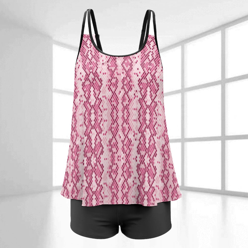 Women's Plus Size Snakeskin Print Split Strap Long Top And Shorts Swimsuit Swimwear Beachwear Bikini Set Pink