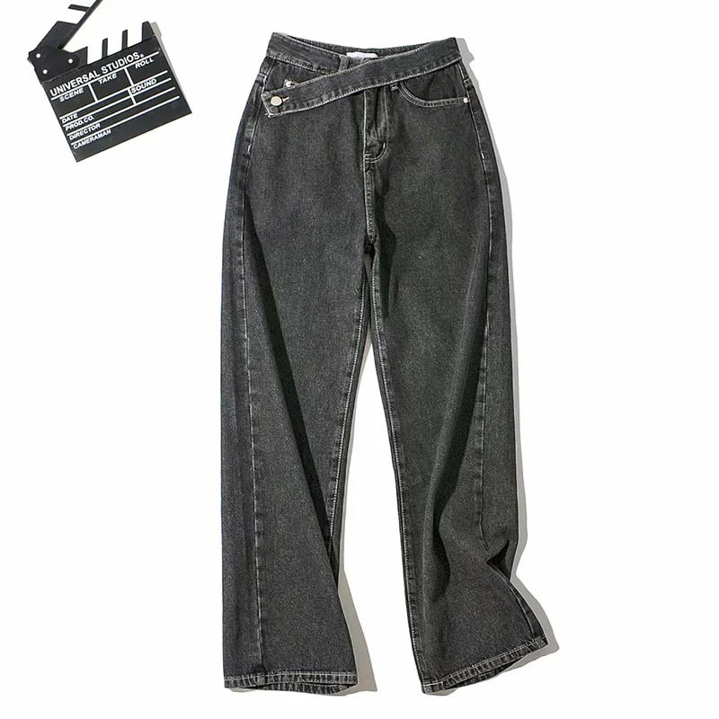 Women's Denim Jeans Retro Oblique Belt Design High Waist Straight Long Wide Leg