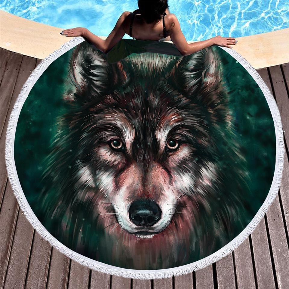 Wolf Print Round Tassel Edge Blanket Fleece Microfiber Beach Towel Summer Tapestry 150cm