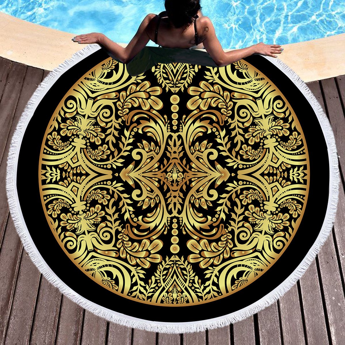 Boho Print Round Tassel Edge Fleece Blanket Microfibre Towels Yoga Mat Tapestry 150cm