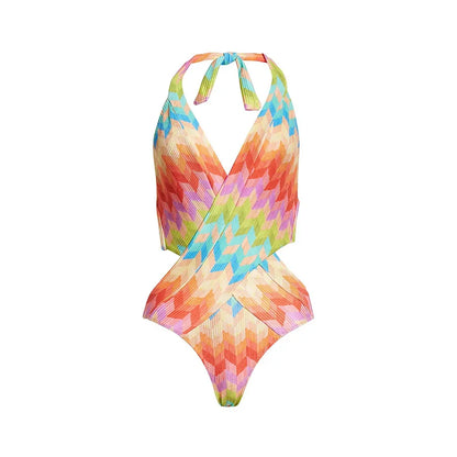 Women's Rainbow Zig Zag Print Wrap Cut Out Swimsuit and Sarong Two Piece Set