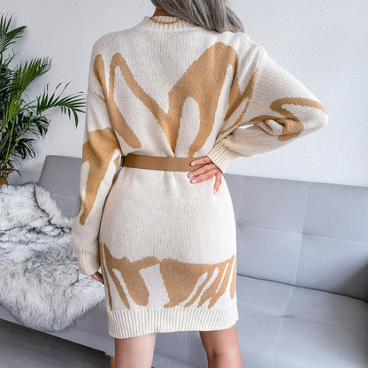 Women's Geometric Pattern Knitted Sweater Dress Long Sleeve Round Neck Midi Casual Fashion