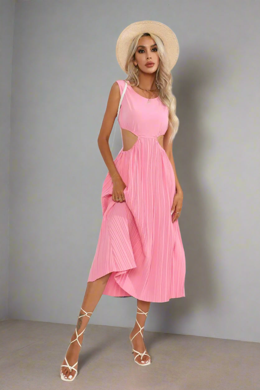Women's Sleeveless Cutout Waist Pleated Midi Dress