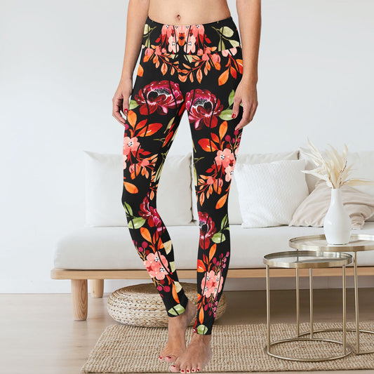 Women's Bohemian Black Pink Orange Floral Print Leggings