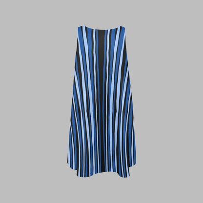 Women's Blue Stripe Sleeveless A-Line Dress with Pockets