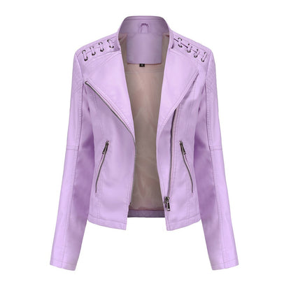 Women's PU Leather Jacket Long Sleeved Pockets Shoulder Detail Fitted Waist Zip Pockets Casual Fashion