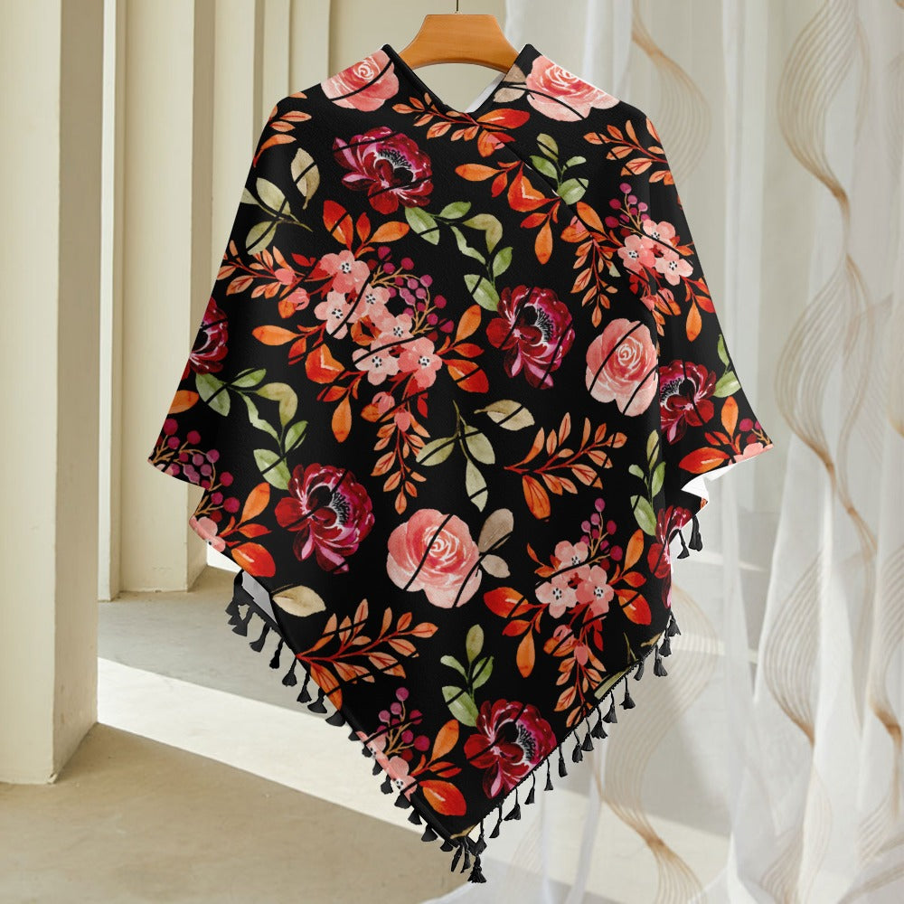 Women's Black Floral All-Over Print Shawl Poncho Fringed Edge Cape