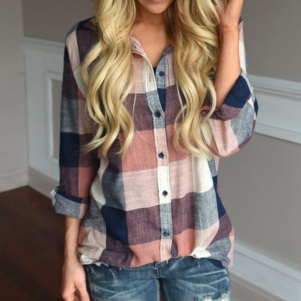 Women's Check Plaid Button Front Long Sleeve Cotton Shirt