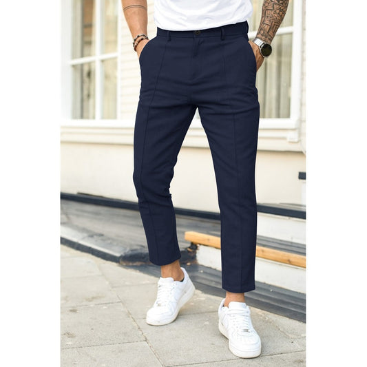 Men's Solid Colour Double Line Seamed Narrow Front Pockets Smart Casual Trousers