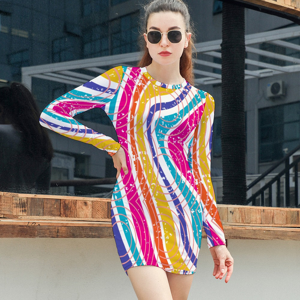 Women's Abstract Stripe Circle All Over Print Short Mini Bodycon Long Sleeve Skinny Fashion Summer Dress - 4 colours available