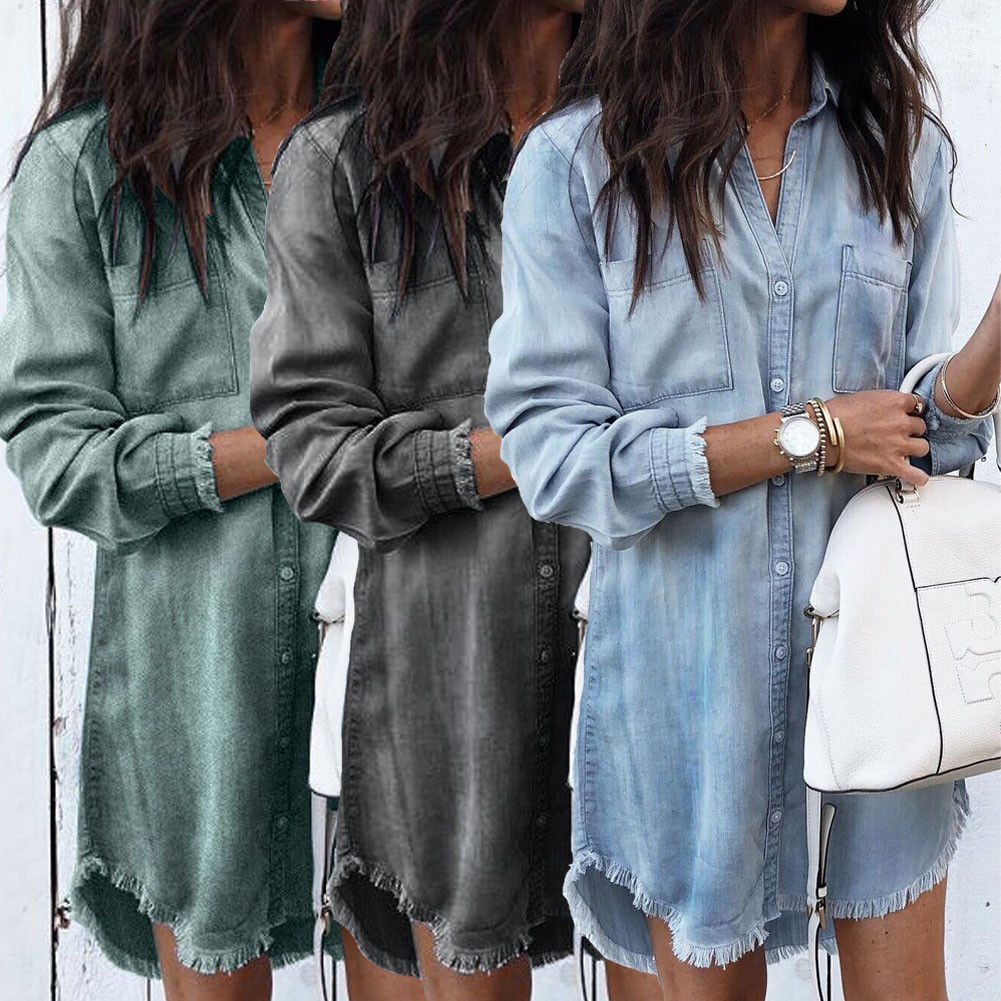 Women's Long Denim Shirt Dress Frayed Cuffs and Hem Button Front Long Sleeves