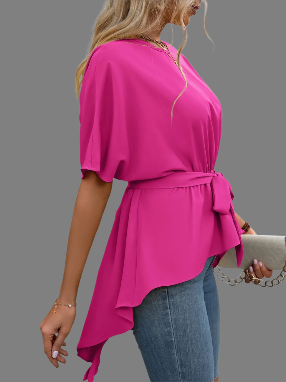 Women's Tied Waist Round Neck Blouse