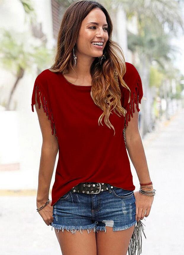 Women's Solid Colour T-shirt Round Neck Short Sleeved Tassel Edge Top Casual Boho Fashion