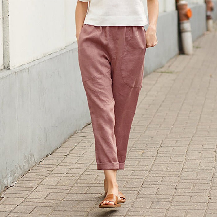 Women's Linen Cotton Loose Fit Straight Leg Cropped Trousers