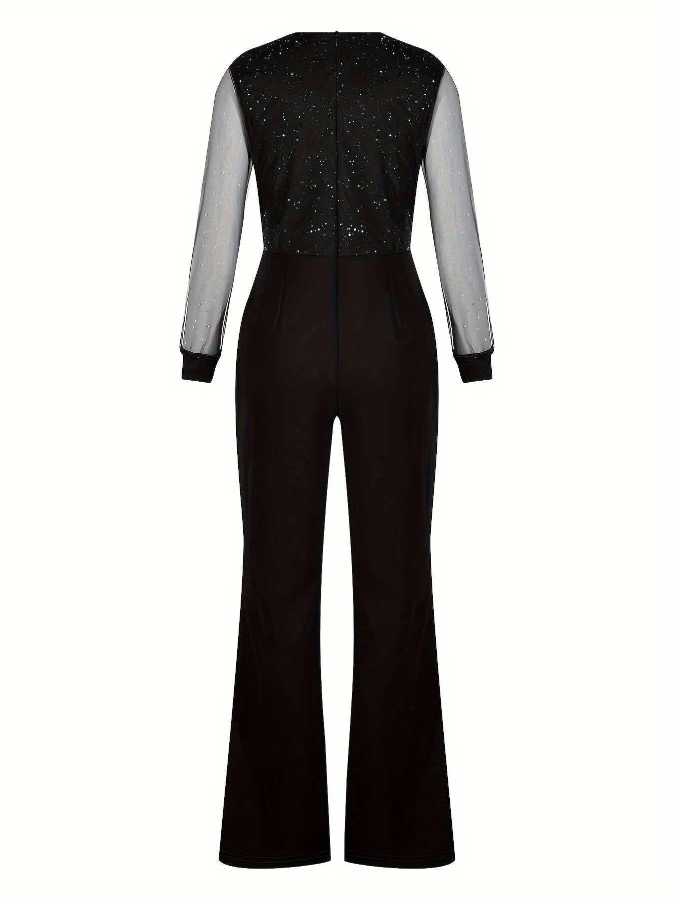 Women's Elegant Mesh Sparkle Top Fitted Trousers Jumpsuit V-Neck Pockets Outfit