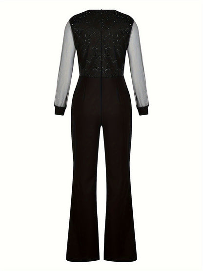 Women's Elegant Mesh Sparkle Top Fitted Trousers Jumpsuit V-Neck Pockets Outfit