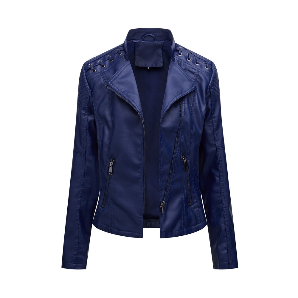 Women's PU Leather Jacket Long Sleeved Pockets Shoulder Detail Fitted Waist Zip Pockets Casual Fashion