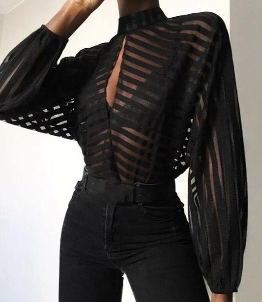 Women's Hollow Mesh Solid Striped Standing Collar Long Sleeve Open Front Shirt Lightweight Elegant Blouse