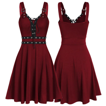 Women's Gothic Punk Panelled Lace-Up Detailed Skater Dress