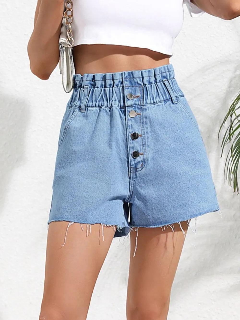 Women's High Waisted Frayed Hem Paper Bag Denim Shorts