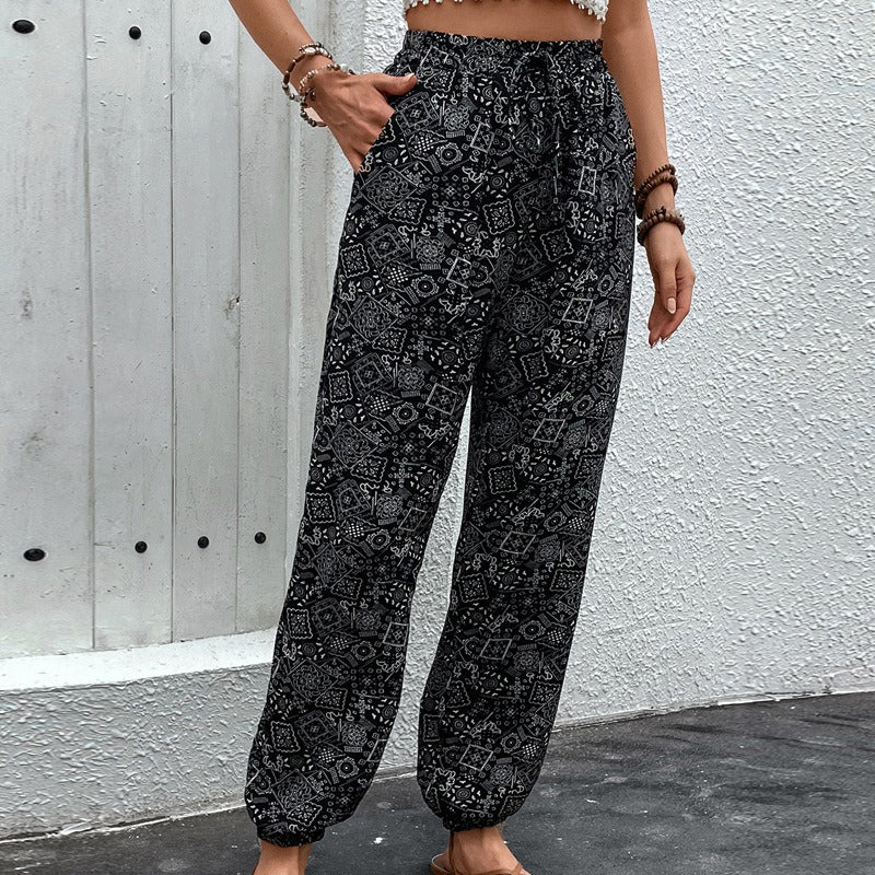 Women's Bohemian Print Tie Waist With Pockets Trousers