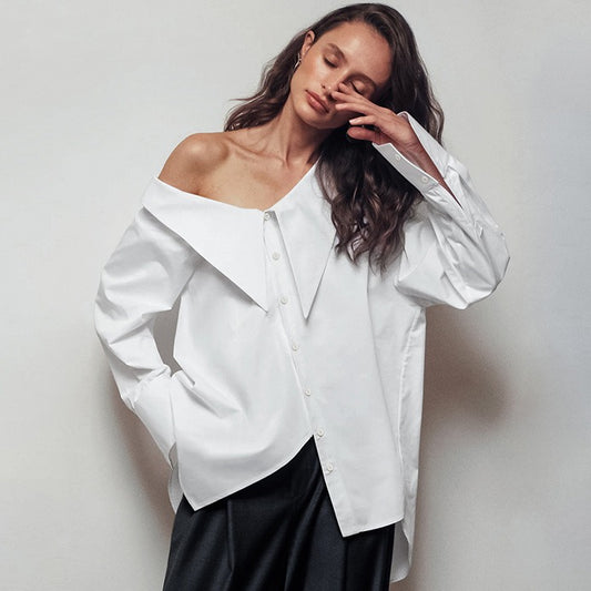 Women's White Off Shoulder Irregular Collar Loose Shirt