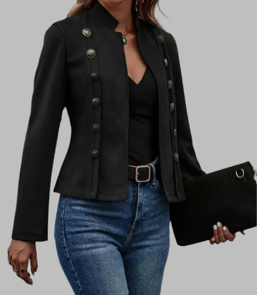 Women's Faux Suede Open Front Button Detail Fitted Jacket
