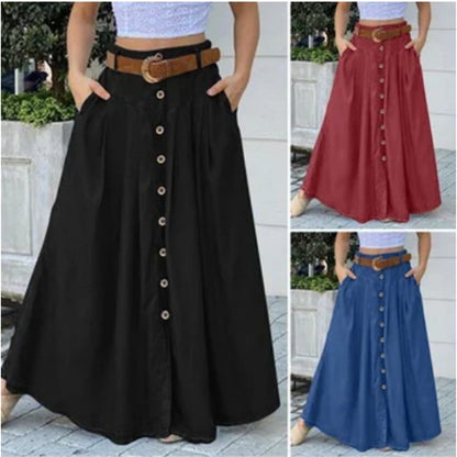 Women's High Waist Button Front with Pockets Maxi Skirt