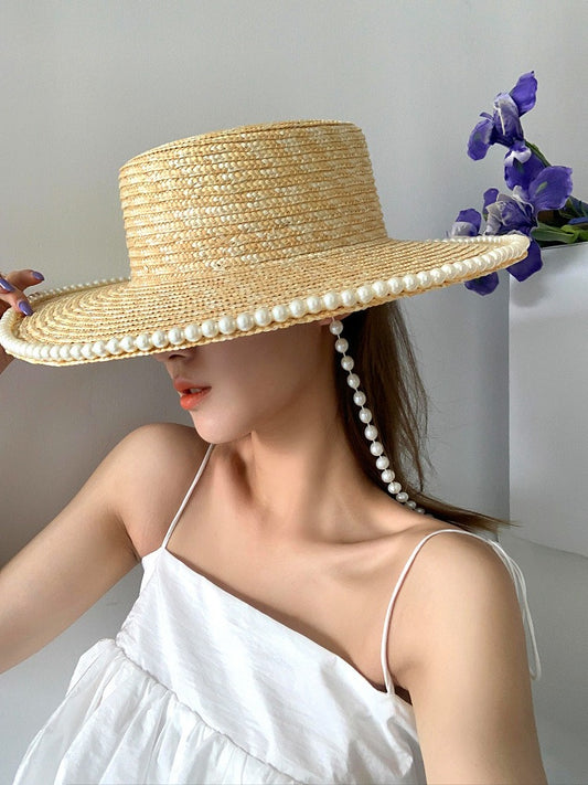 Women's Straw Hat With Pearl Chain Detail Flat Top Big Brim