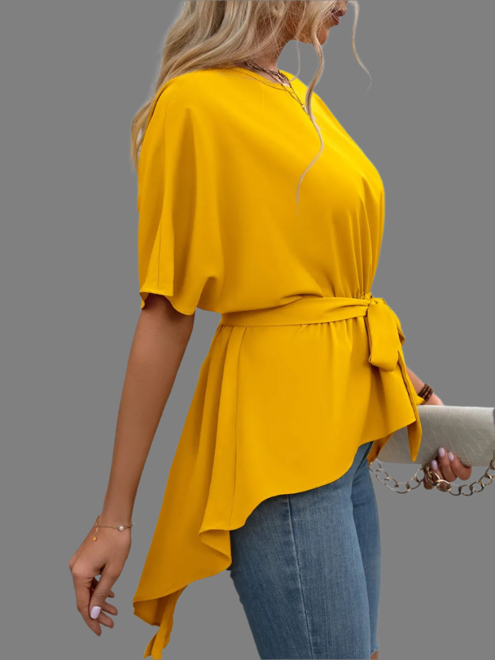 Women's Tied Waist Round Neck Blouse