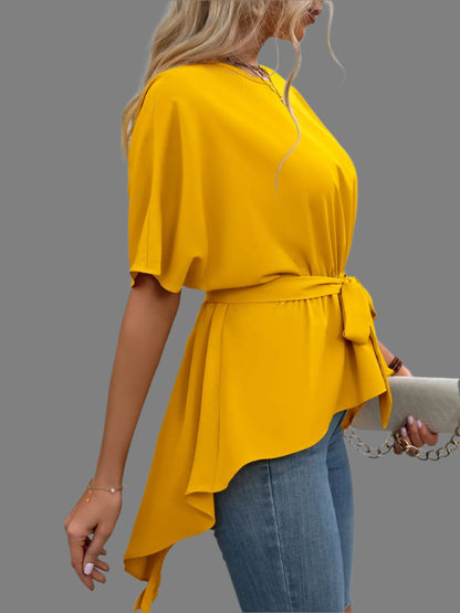 Women's Tied Waist Round Neck Blouse